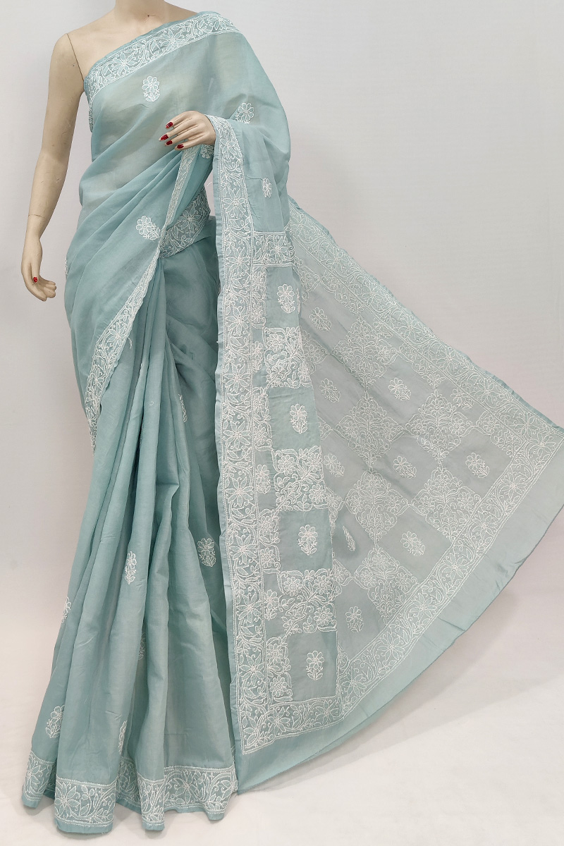 Grey Colour Cotton Hand Embroidered Lucknowi Chikankari Saree With Blouse MC253023