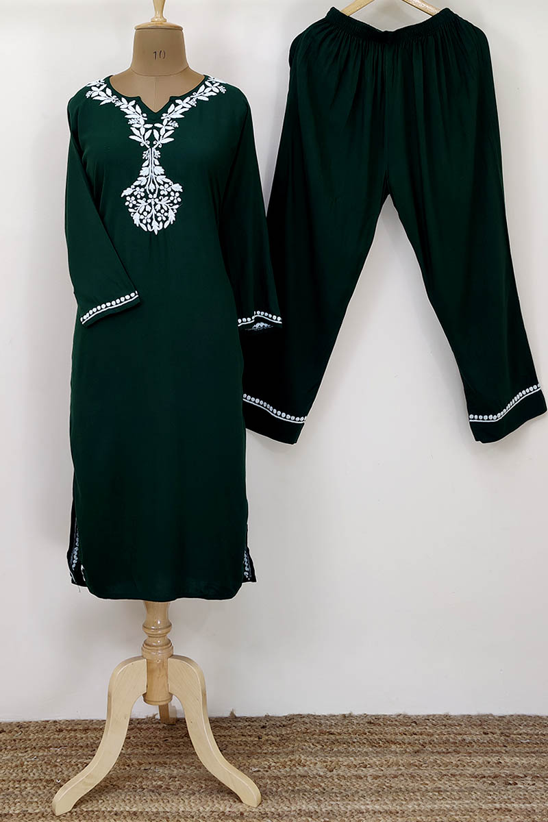 Bottle Green Color Hand Embroidered Lucknowi Chikankari Suit (Reyon Cotton) MN252228