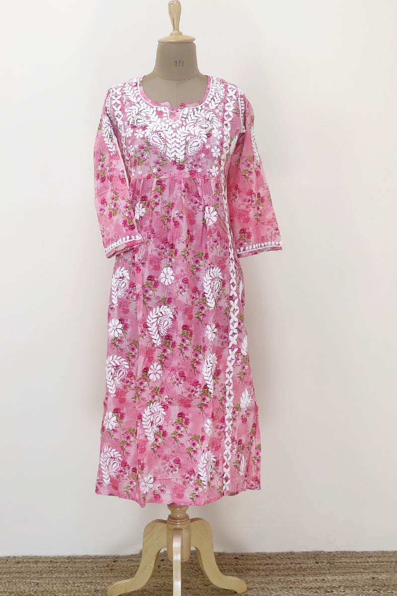 Pink Color Printed Hand Embroidered Lucknowi Chikankari Kurta (mulmul Cotton) Mn252251