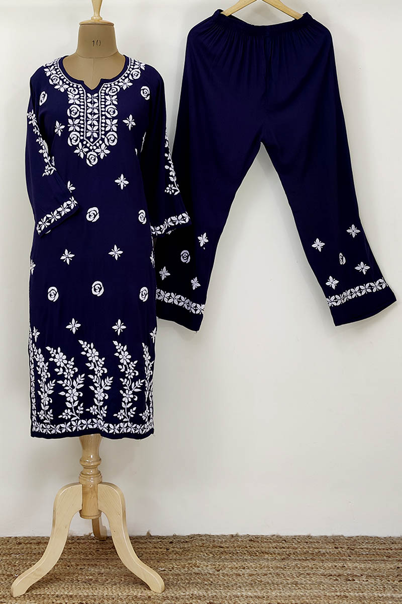 Navy Blue Color Hand Embroidered Lucknowi Chikankari Suit (Reyon Cotton) MN252230