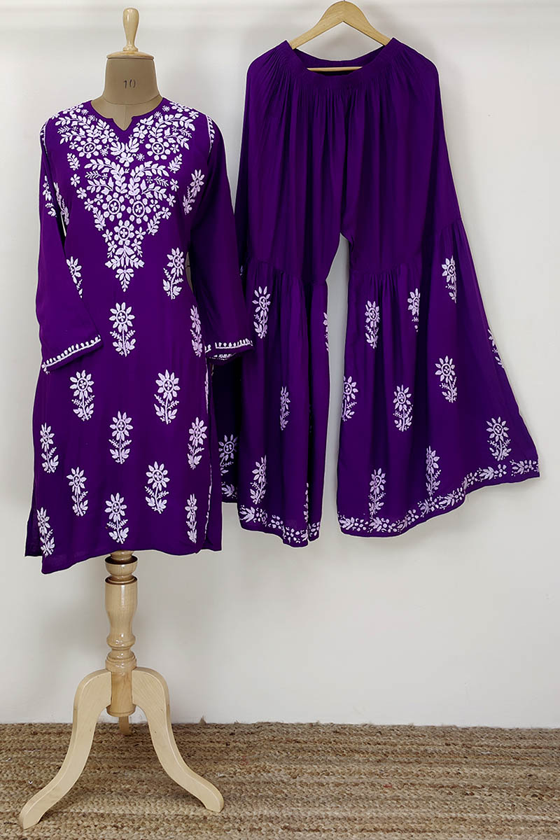 Violet Color Hand Embroidered Lucknowi Chikankari Garara Suit Set (Reyon Cotton) MN252233