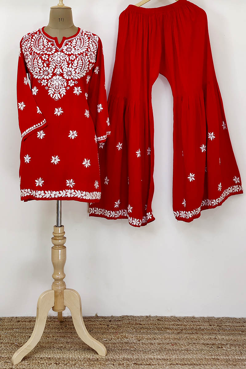 Red Color Hand Embroidered Lucknowi Chikankari Garara Suit Set (Reyon Cotton) MN252234