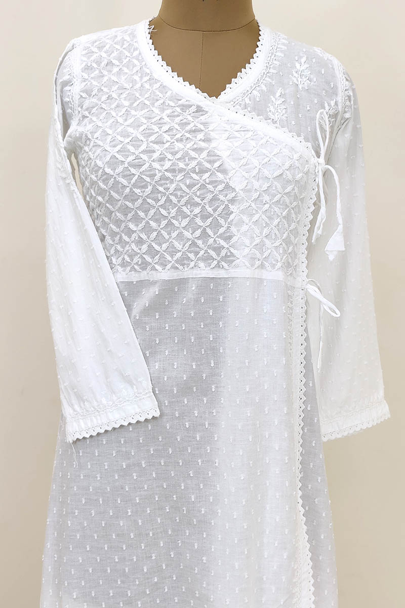 White Colour Hand Embroidered Lucknowi Chikankari Kurti (angrakkha) MN252235