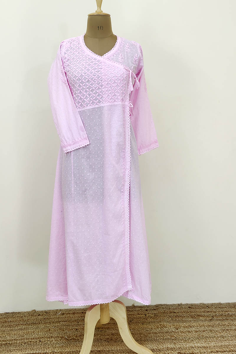 Pink Color Hand Embroidered Lucknowi Chikankari Angrakha Kurta (cotton) Mn252237