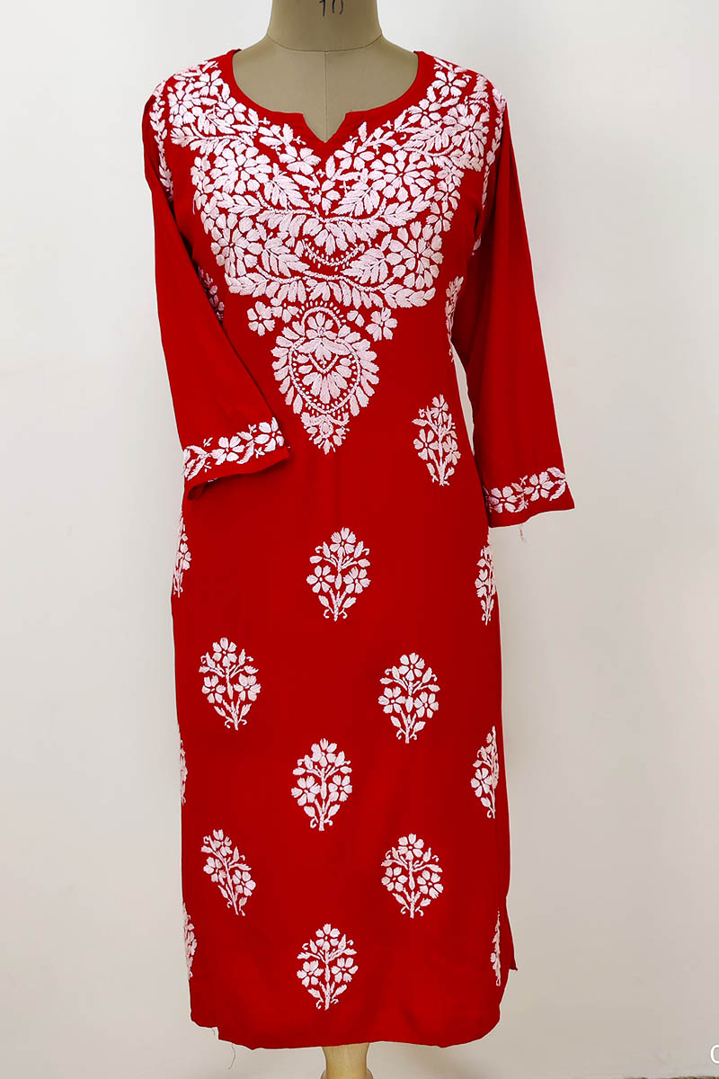 Red Color Hand Embroidered Lucknowi Chikankari Kurta (reyon Cotton) Mn252247