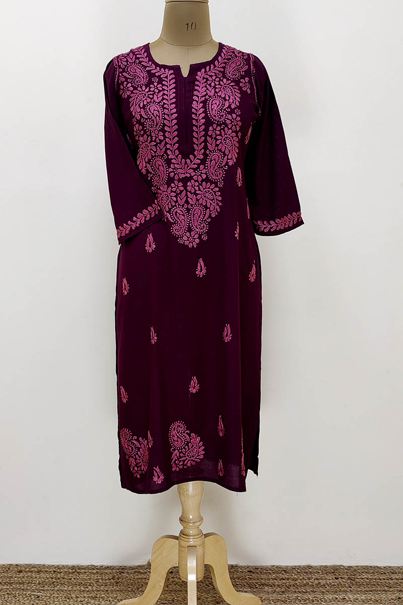 Wine Color Hand Embroidered Lucknowi Chikankari Kurta (Reyon Cotton) MN252248