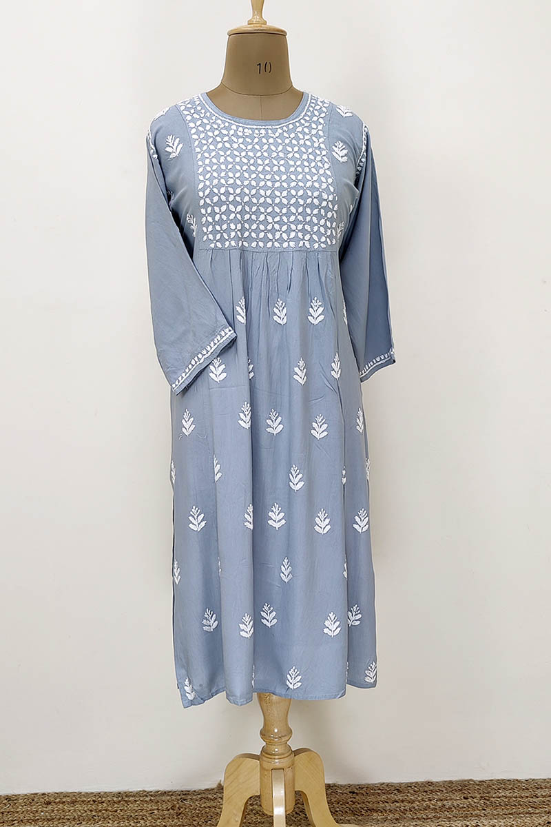 Grey Color Hand Embroidered Lucknowi Chikankari Kurta (reyon Cotton) Mn252249