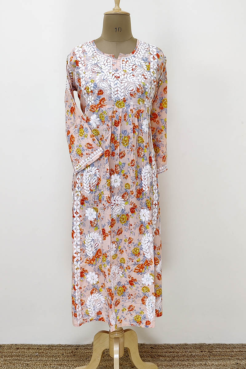 Peach Color Printed Hand Embroidered Lucknowi Chikankari Kurta (Mulmul Cotton) MN252252