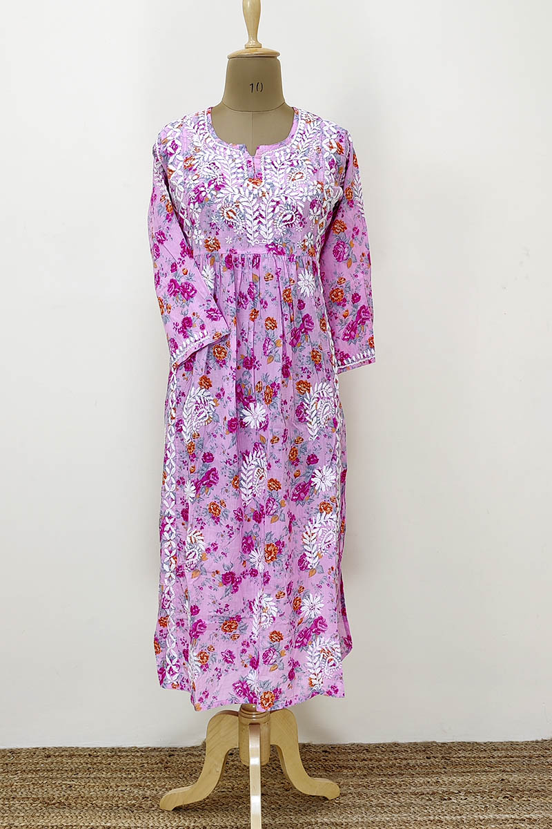 Lavender Color Printed Hand Embroidered Lucknowi Chikankari Kurta (Mulmul Cotton) MN252253