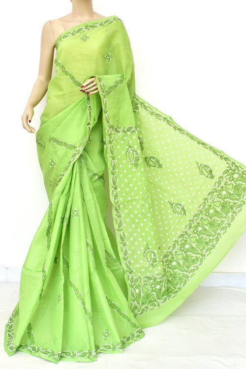 Pista Green Hand Embroidered Lucknowi Chikankari Saree With Blouse (Cotton) Rich Pallu 15059