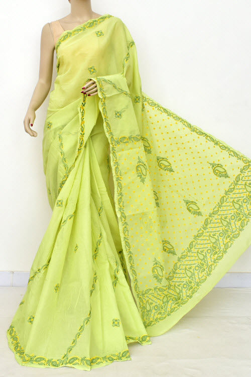 Light Green Hand Embroidered Lucknowi Chikankari Saree With Blouse (Cotton) Rich Pallu 15057