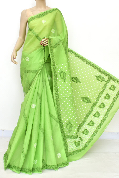 Pista Green Hand Embroidered Lucknowi Chikankari Saree With Blouse (cotton) Rich Pallu 15055