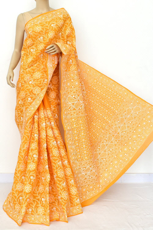Orange Color Hand Embroidered Lucknowi Chikankari Saree (With Blouse - Cotton) 14856