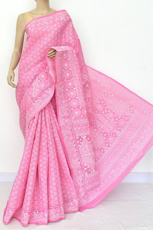 Pink Color Hand Embroidered Lucknowi Chikankari Saree (With Blouse - Cotton) 14862
