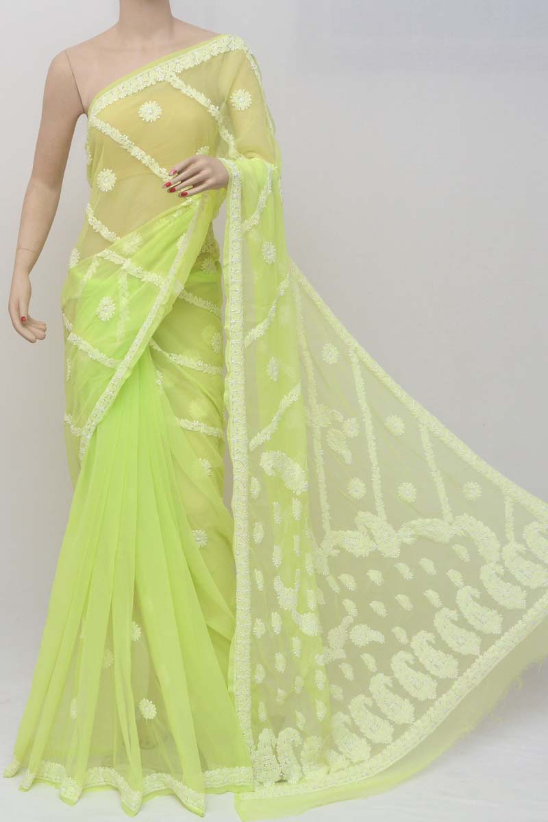 Green Color  Hand Embroidered Lucknowi Chikankari Saree (with Blouse) Pu251160