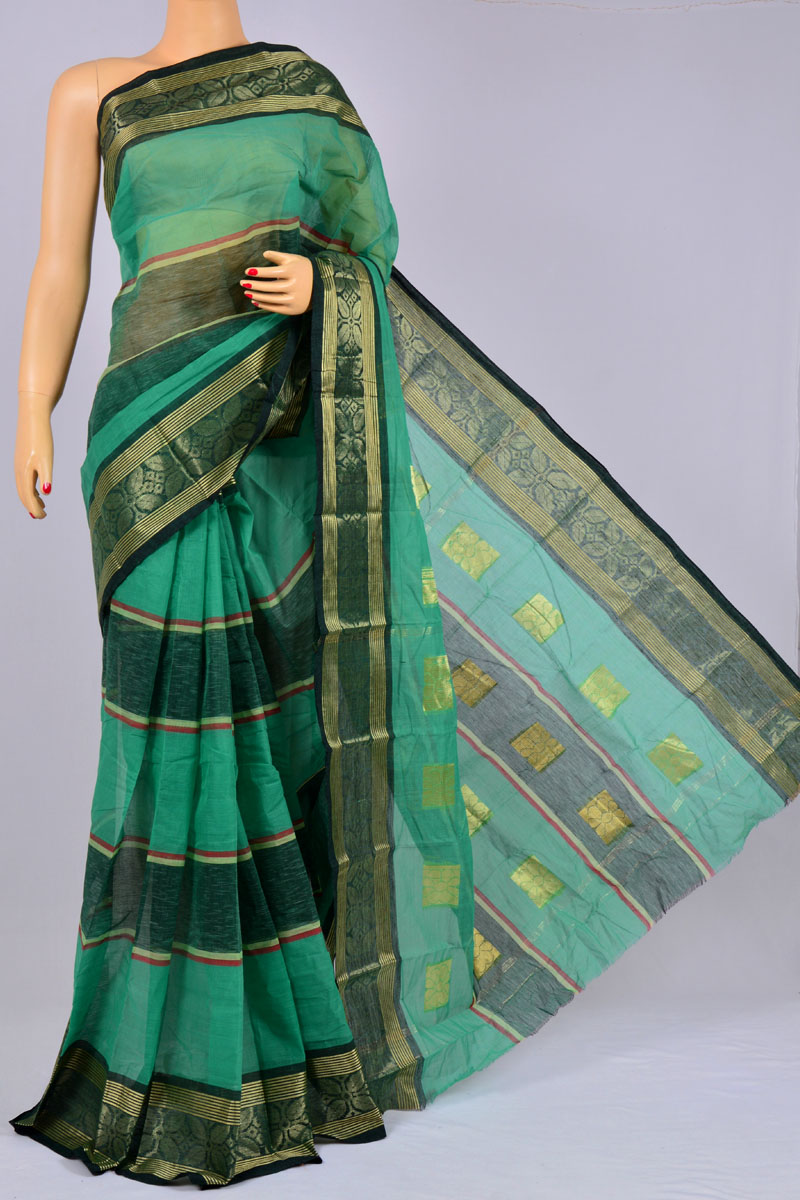 Fern Color Handwoven Bengal Handloom Pure Cotton Tant, Zari Border Saree (without Blouse) - Kc250181