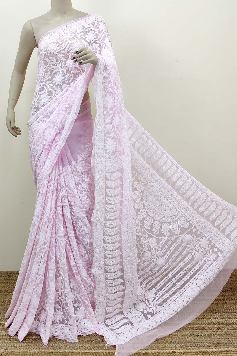 Baby Pink Color Allover Hand Embroidered Lucknowi Chikankari Saree (With Blouse - Georgette) MC252501