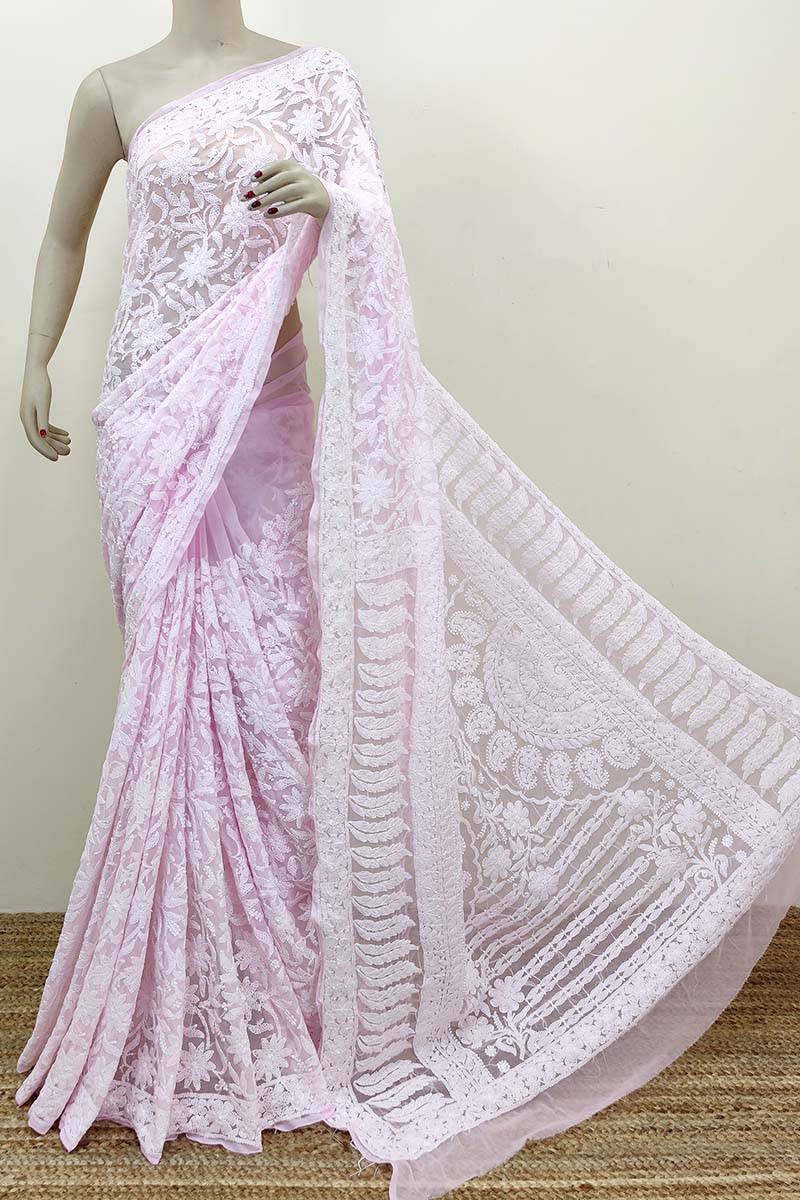 Baby Pink Color Allover Hand Embroidered Lucknowi Chikankari Saree (with Blouse - Georgette) Mc252501