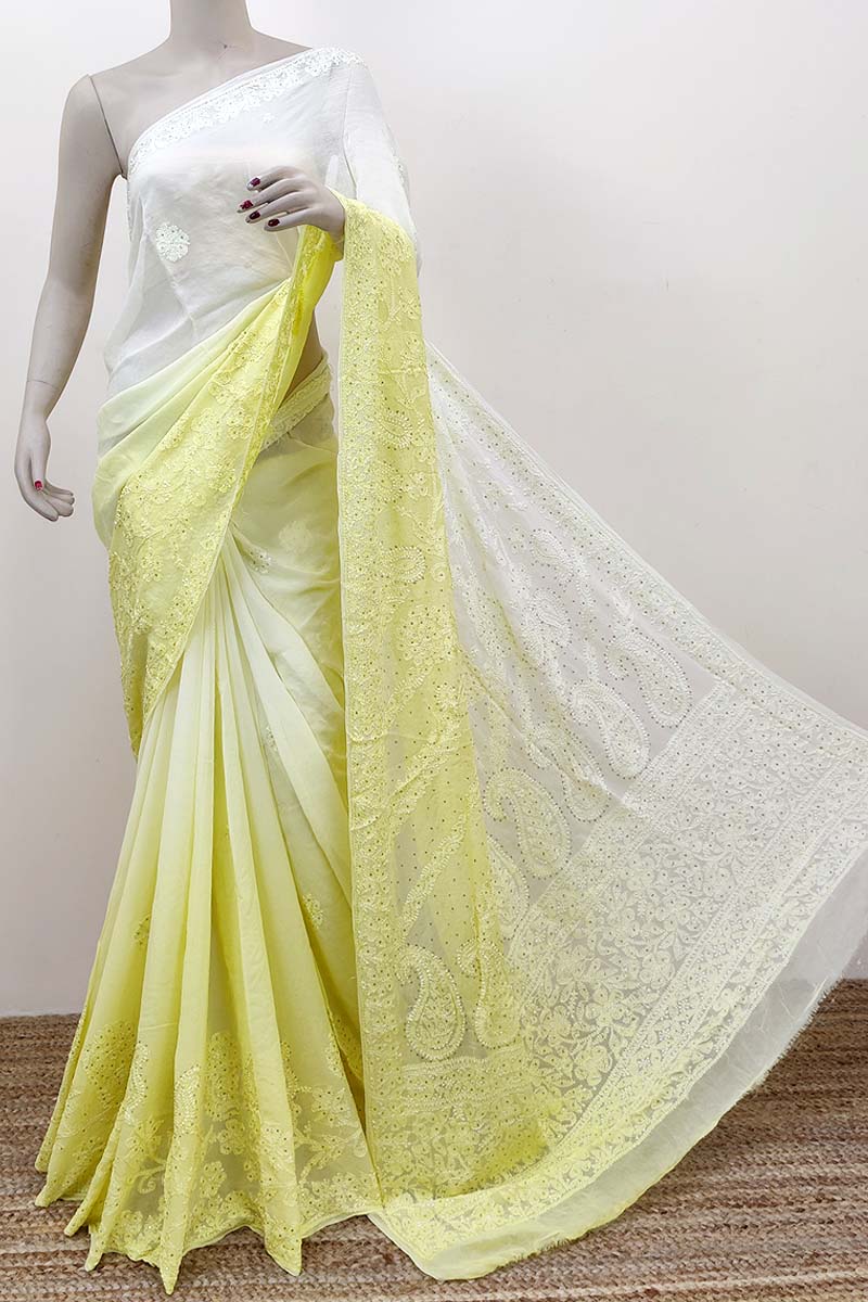 Shaded Lemon Color Mukaish Work Hand Embroidered Lucknowi Chikankari Saree (with Blouse - Viscose ) Mc252505