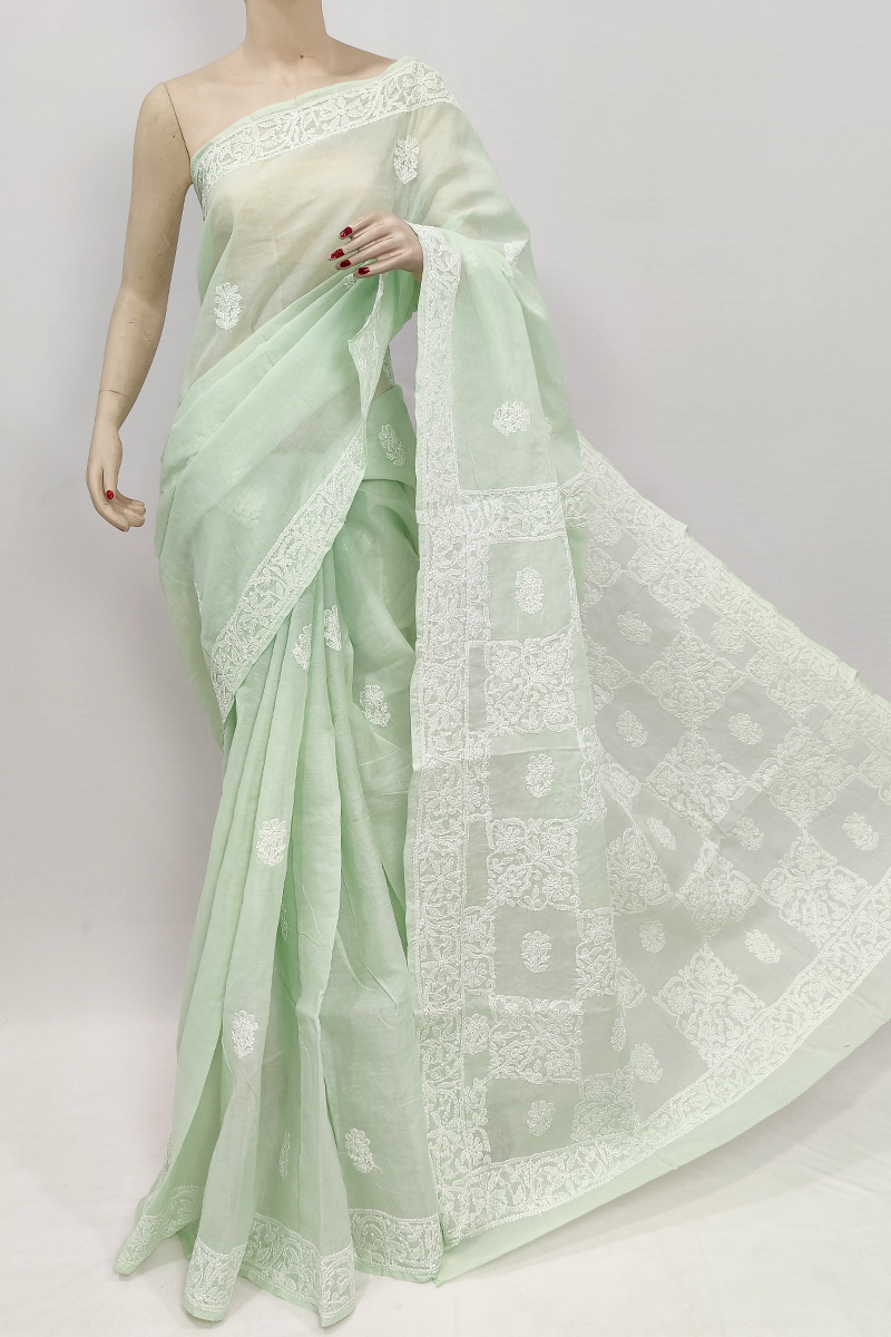 Pista Green Colour Cotton Hand Embroiderd Chikankari Saree With Blouse MC253042