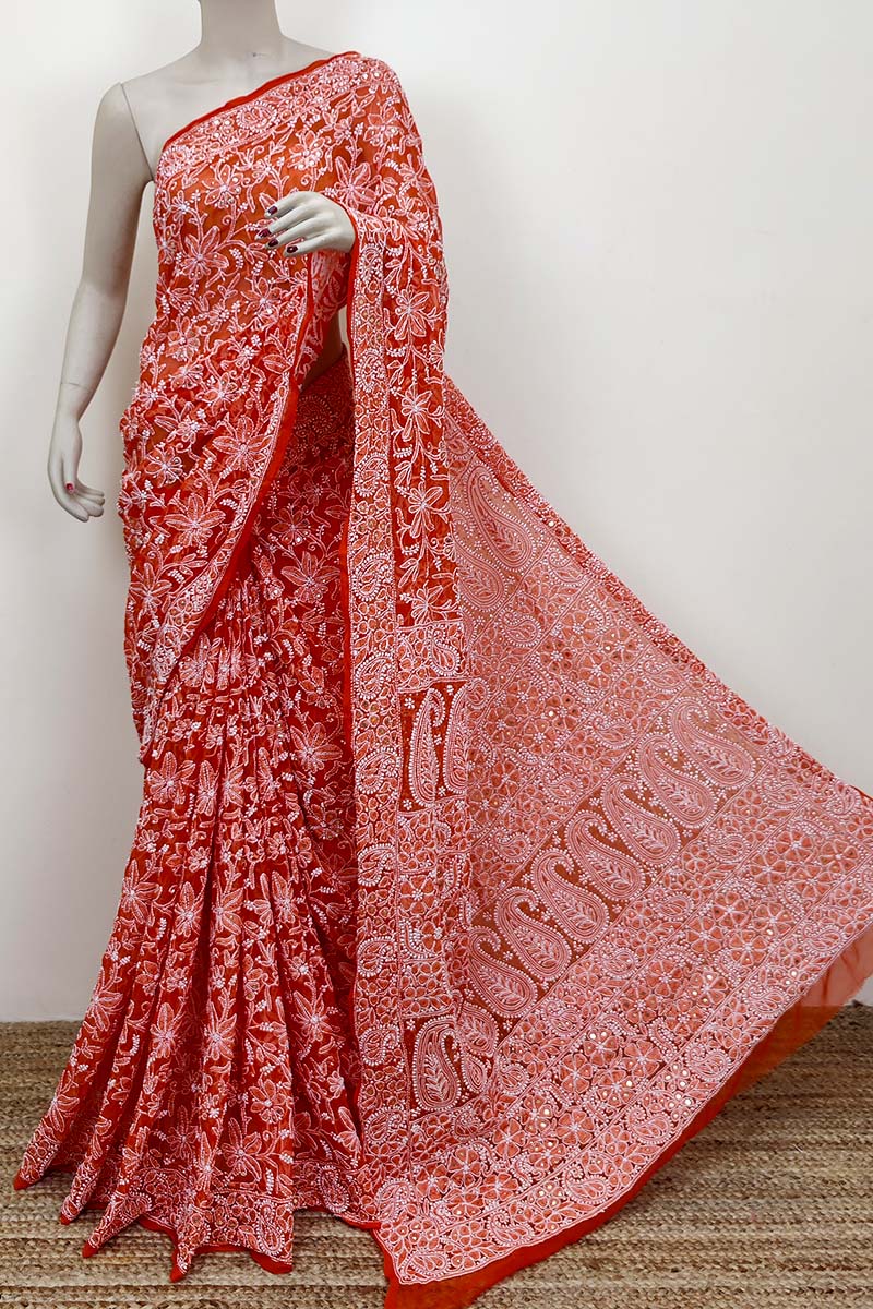 Orange Color Allover Hand Embroidered Lucknowi Chikankari Saree With Mukaish Work (with Blouse - Georgette) Mc252531