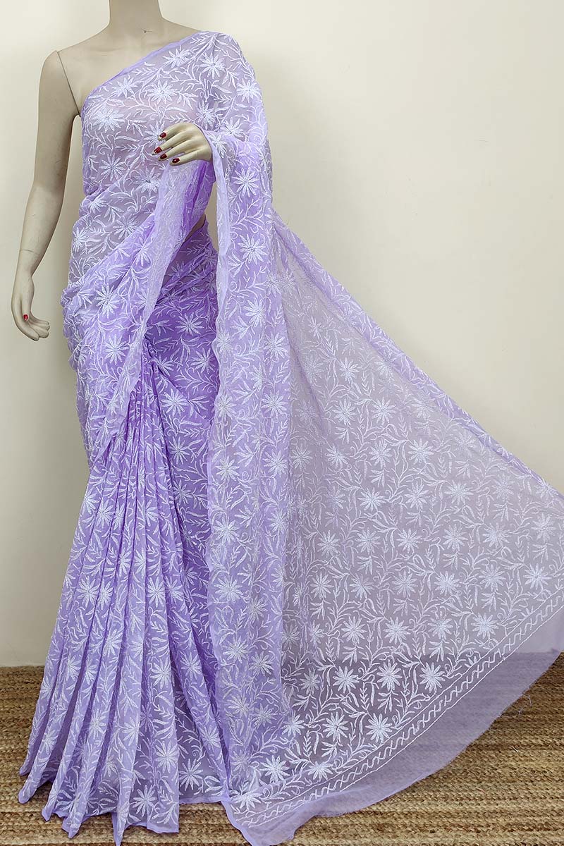 Lavender Color Hand Embroidered Tepchi Work Lucknowi Chikankari Saree With Blouse (georgette) Mc252532