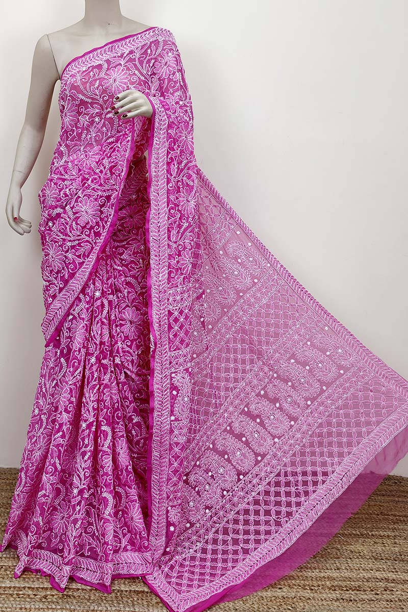 Magenta Color Hand Embroidered Allover Lucknowi Chikankari Saree (With Blouse - Georgette) MC252533