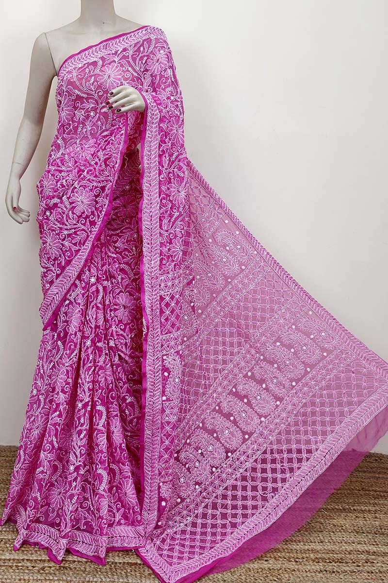 Magenta Color Hand Embroidered Allover Lucknowi Chikankari Saree (with Blouse - Georgette) Mc252533