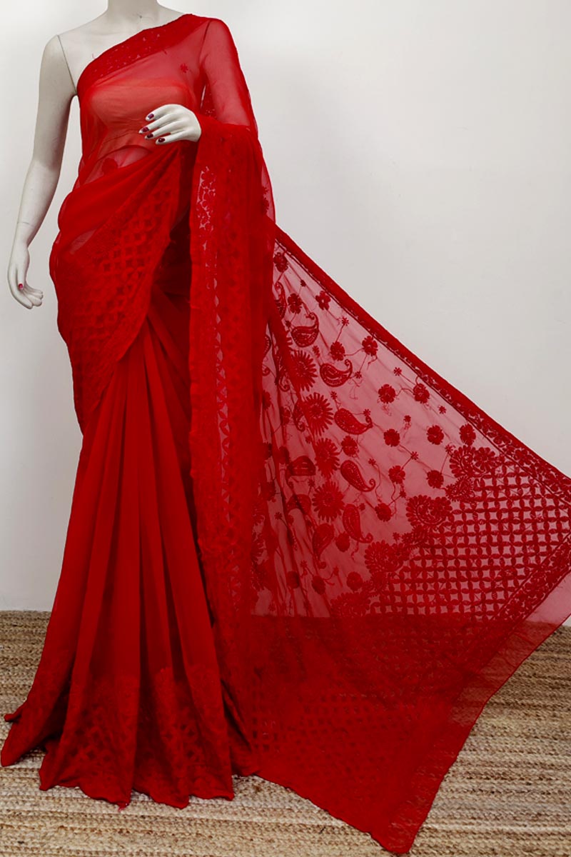 Red Color Hand Embroidered Lucknowi Chikankari Saree (with Blouse - Georgette) Mc252556