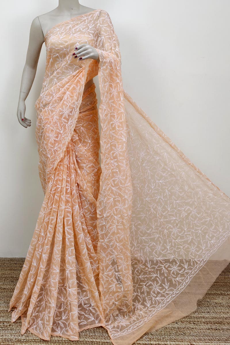 Light Orange Color Hand Embroidered Lucknowi Chikankari Saree (with Blouse - Georgette) Mc252564