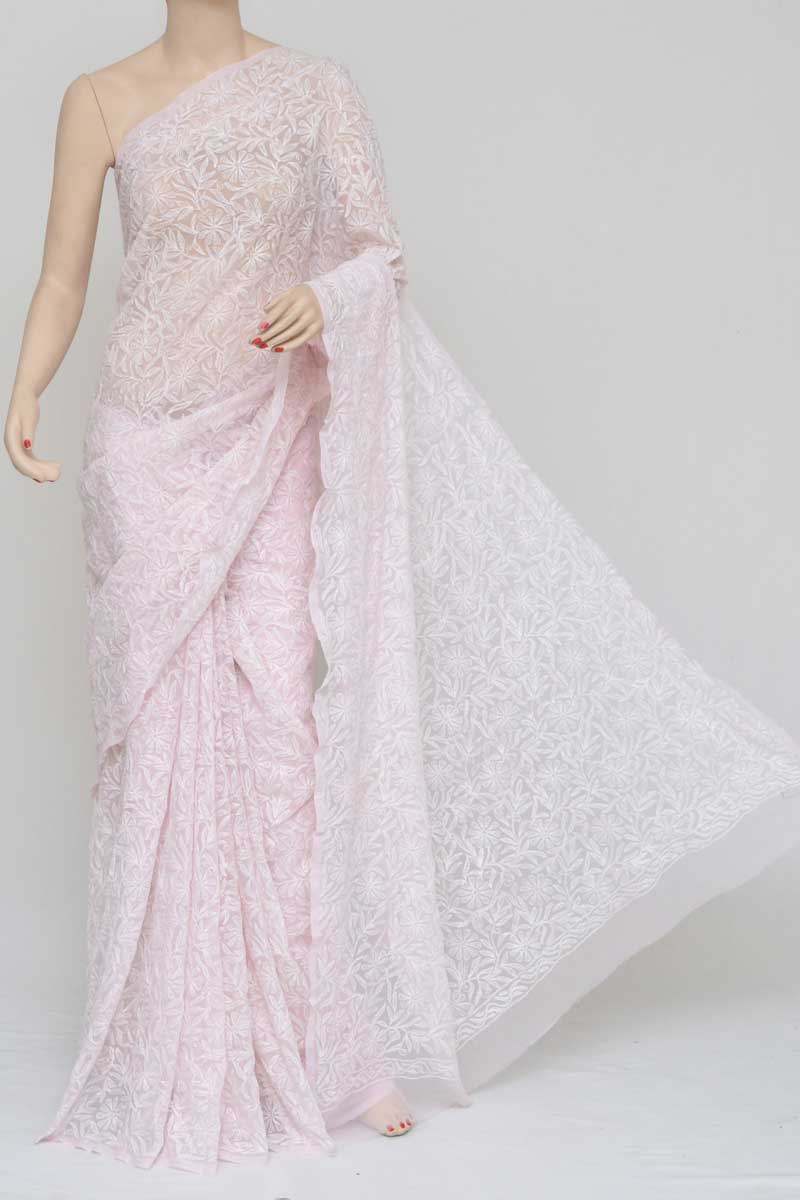 Babypink Color Tepchi Work Hand Embroidered Lucknowi Chikankari Saree (with Blouse) Pu250781