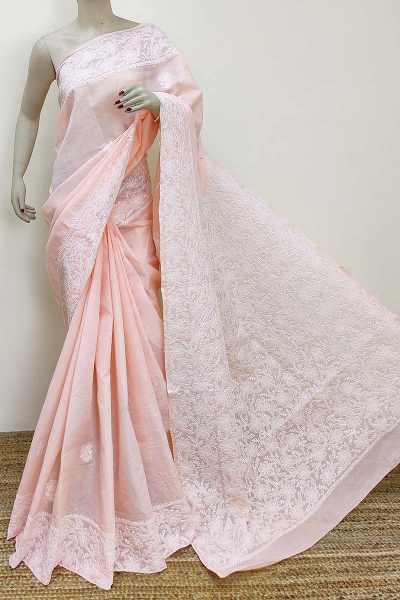 Light Orange Color Hand Embroidered Cotton Lucknowi Chikankari Saree (with Blouse) MC252909