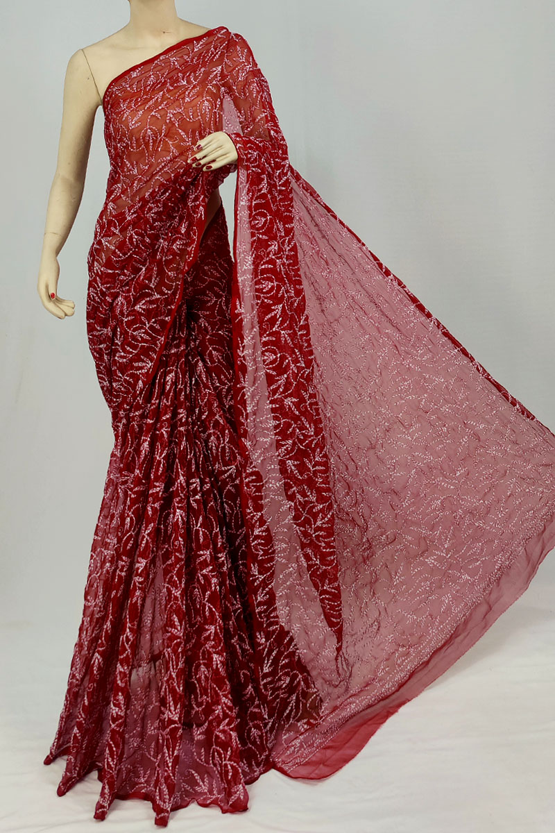 Maroon Color Georgette Allover Tepchi Lucknowi Chikankari Saree With Blouse MC253322