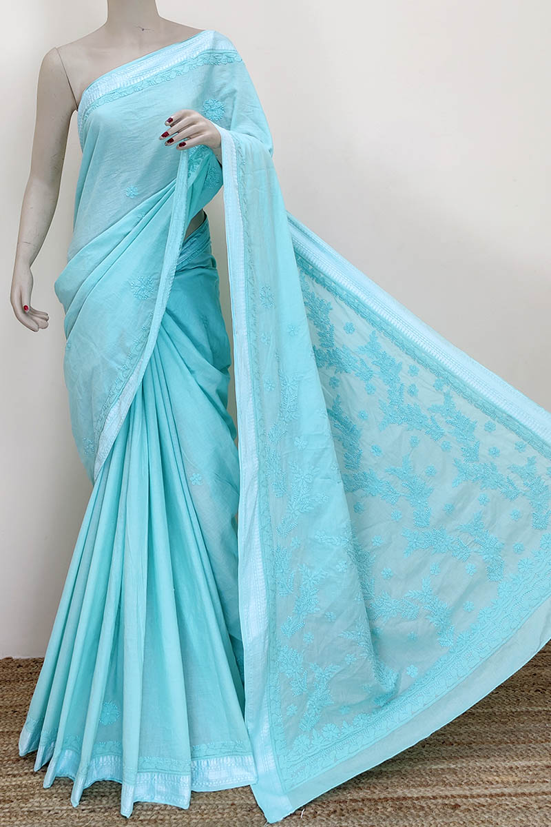 Sea Green Color Pure Mulmul Lucknowi Chikankari Saree  (with Blouse - Cotton) Mc252261