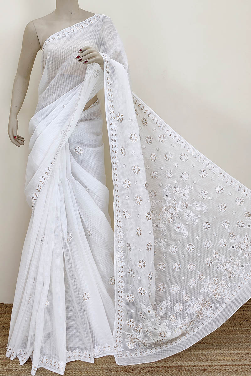 White Color Designer Hand Embroidered Lucknowi Chikankari Saree With Gota Patti Work (with Blouse - Kota Cotton) Mc252265