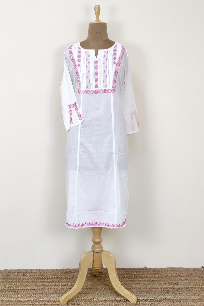 White Color Hand Embroidered Lucknowi Chikankari Long Kurti (cotton) Mc252467