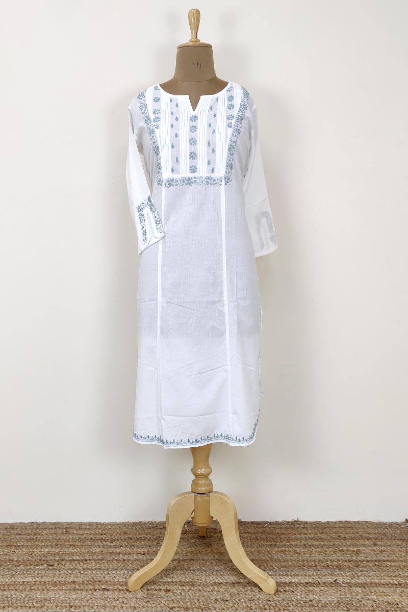 White Color Hand Embroidered Lucknowi Chikankari Long Kurti (cotton) Mc252466