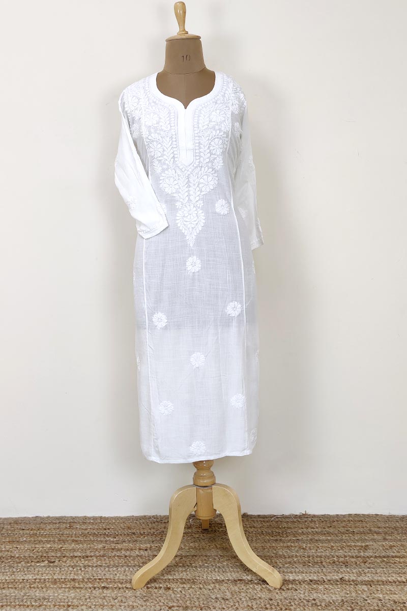 White Color Hand Embroidered Lucknowi Chikankari long kurti (Rayon) MC252465