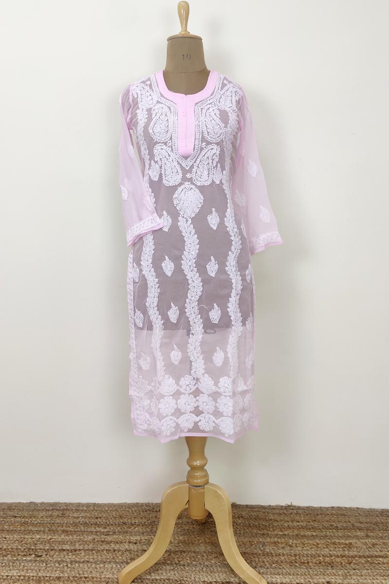 Baby Pink Color Hand Embroidered Lucknowi Chikankari Kurti (georgette) Mc252474