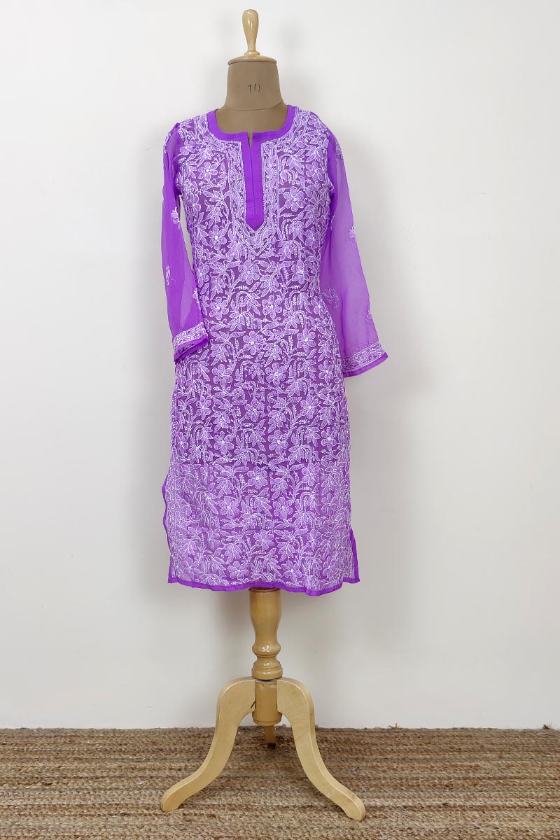 Lavender Color Designer Hand Embroidered Lucknowi Chikankari kurti (georgette) MC252473