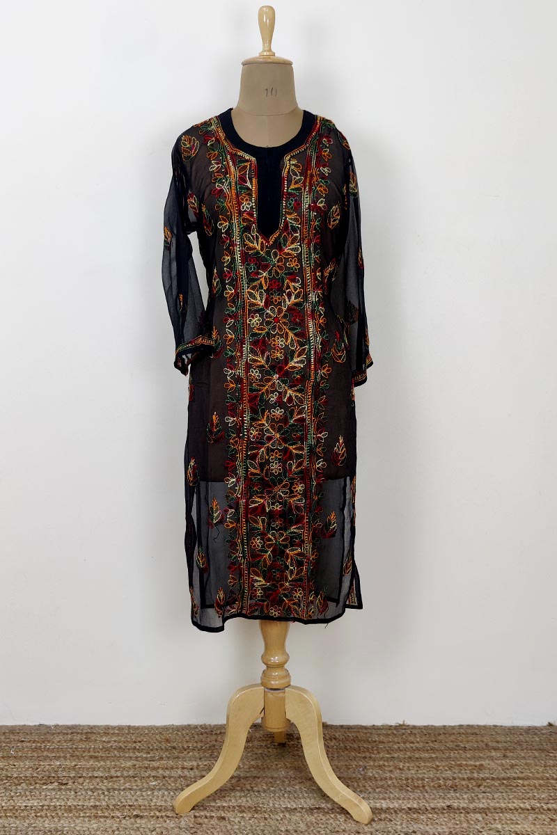 Black Color Hand Embroidered Lucknowi Chikankari Long Kurti (georgette) Mc252471