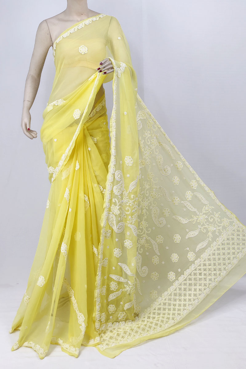 Yellow Georgette Designer Lucknowi Chikankari Saree With Blouse MC253282