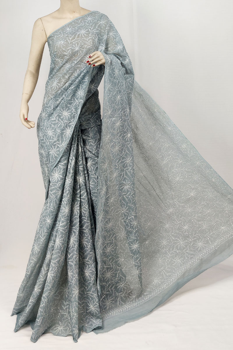 Gray Color Kota Cotton Lucknowi Chikankari Saree With Blouse MC253283