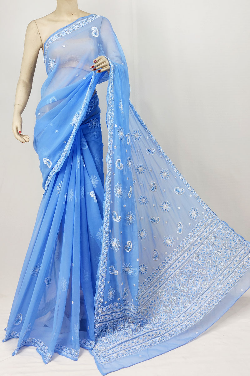 Blue Georgette Designer Lucknowi Chikankari Saree With Blouse MC253284