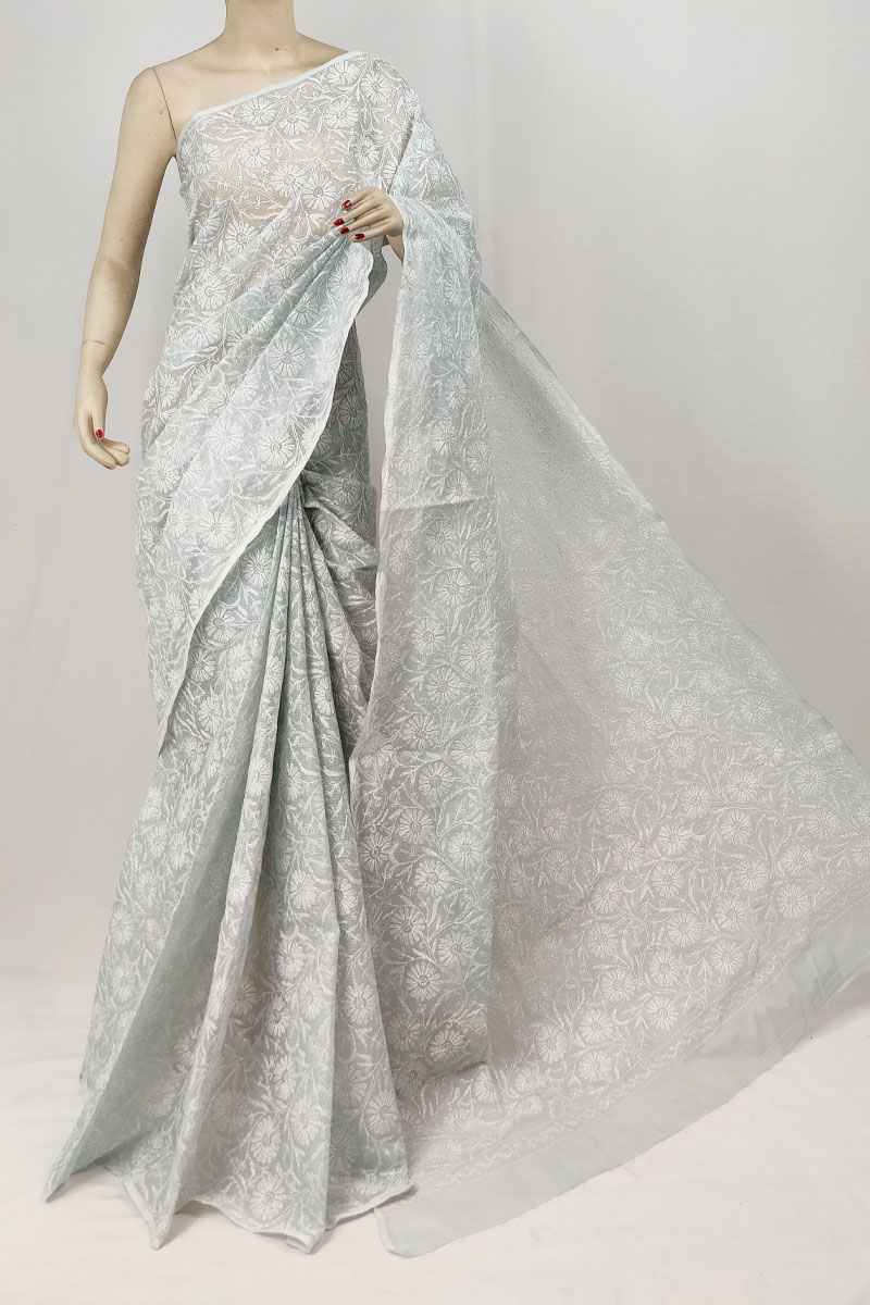 Gray Color Kota Cotton Lucknowi Chikankari Saree With Blouse MC253286