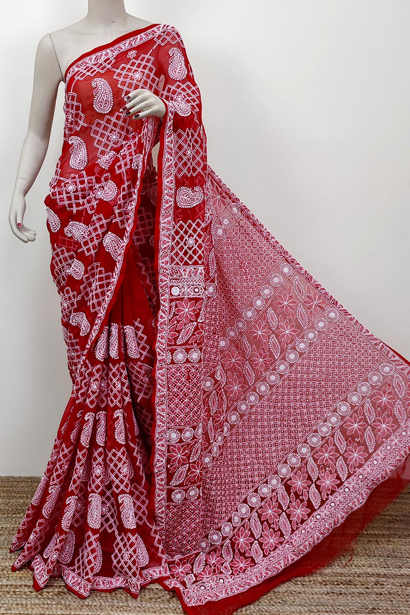 Red Color Hand Embroidered Allover Lucknowi Chikankari Saree (with Blouse - Georgette) Mc252576