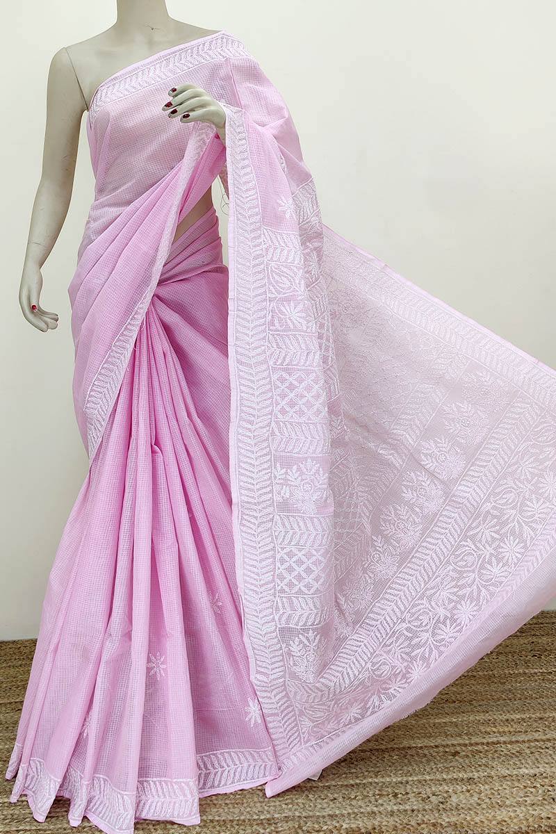 Pink Color Tepchi Hand Embroidered Lucknowi Chikankari Saree (With Blouse - Kota Cotton) MC252266