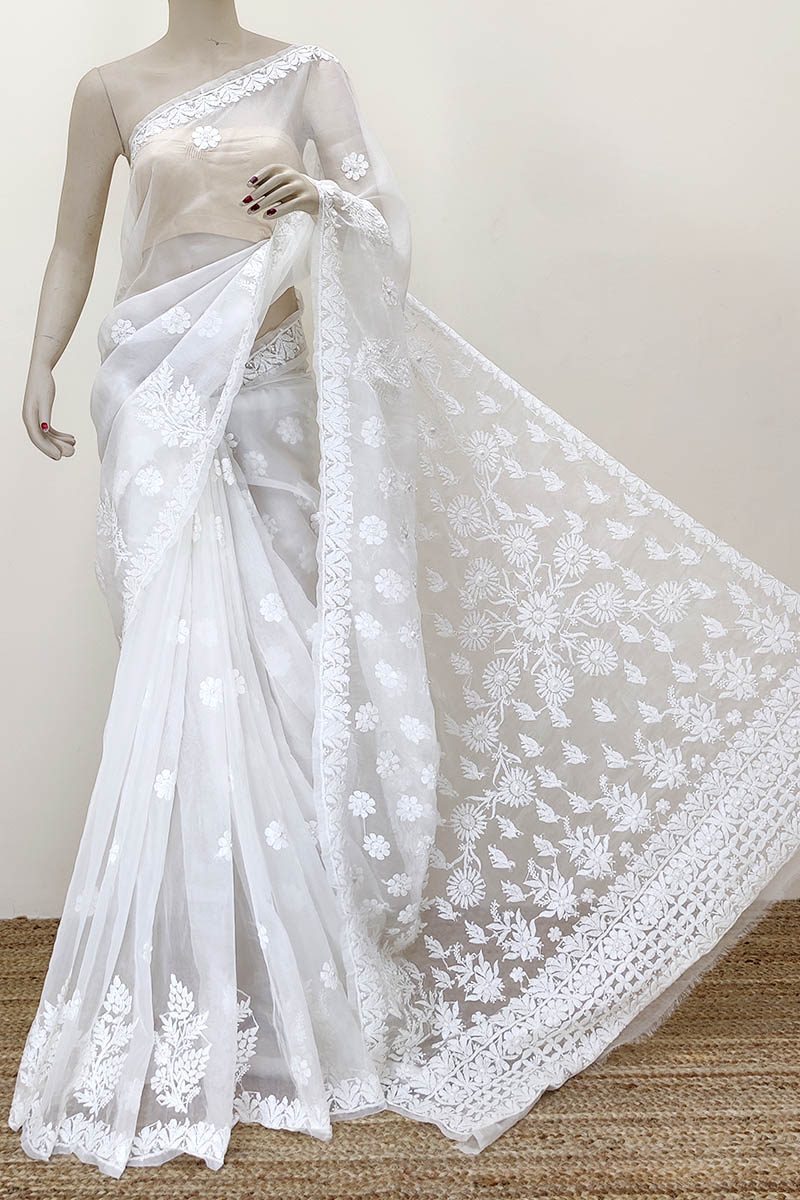 White Color Designer Dyeable Hand Embroidered Lucknowi Chikankari Saree (with Blouse - Organza) Mc252269