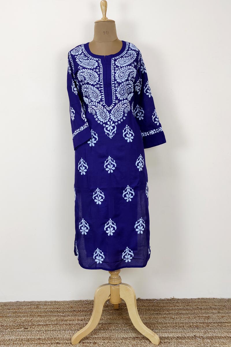 Purplish Blue Color Hand Embroidered Lucknowi Chikankari long kurti (Cotton) MC252445