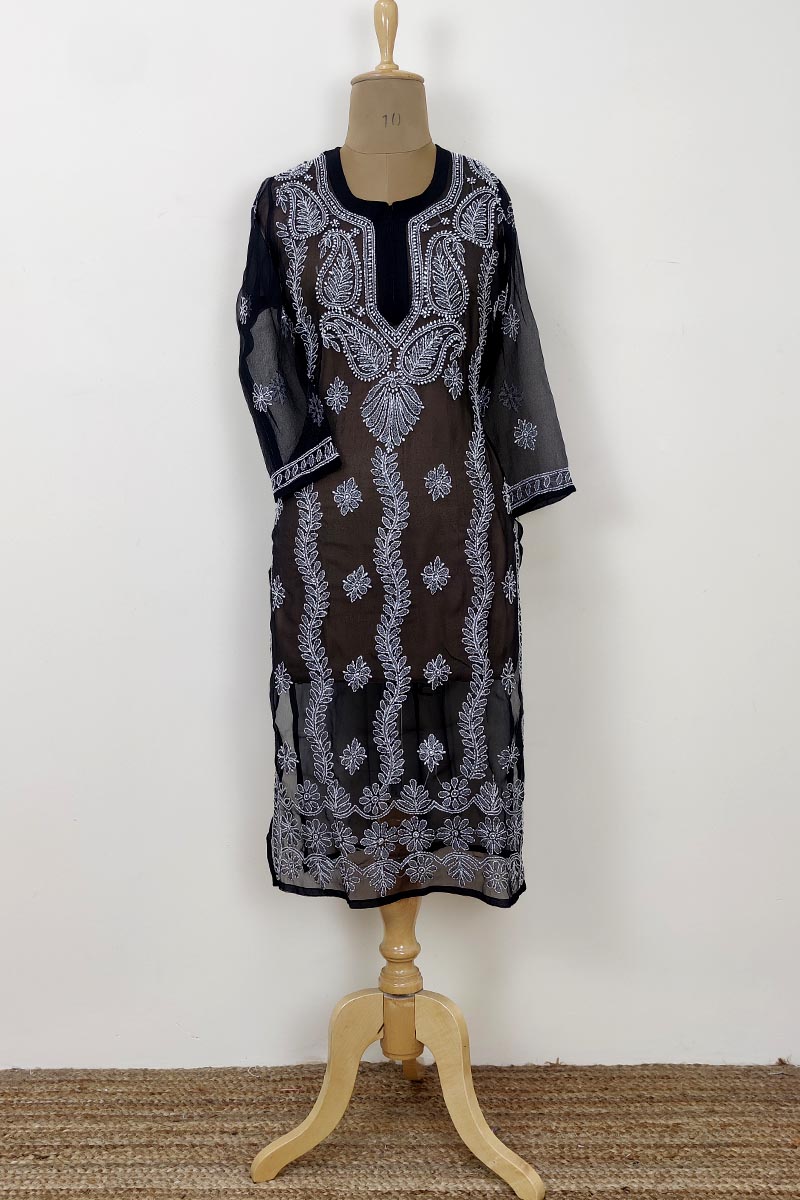 Black Color Hand Embroidered Lucknowi Chikankari Long Kurti (georgette) Mc252435